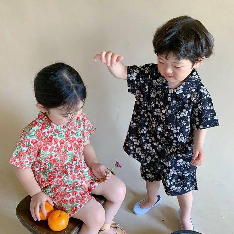 Bộ Áo Sơ Mi Cotton Ngắn Tay + Quần Short Ống Rộng In Hoa Phong Cách Hàn Quốc Thời Trang Mùa Hè Cho Bé Trai
