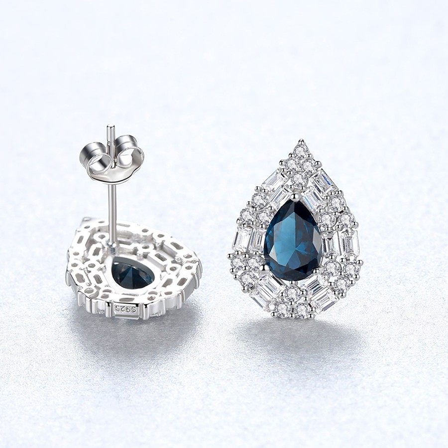 Bông Tai Bạc Nữ Hình Giọt Nước Đính Nhiều Đá Trắng-Xanh B2416-Bảo Ngọc Jewelry