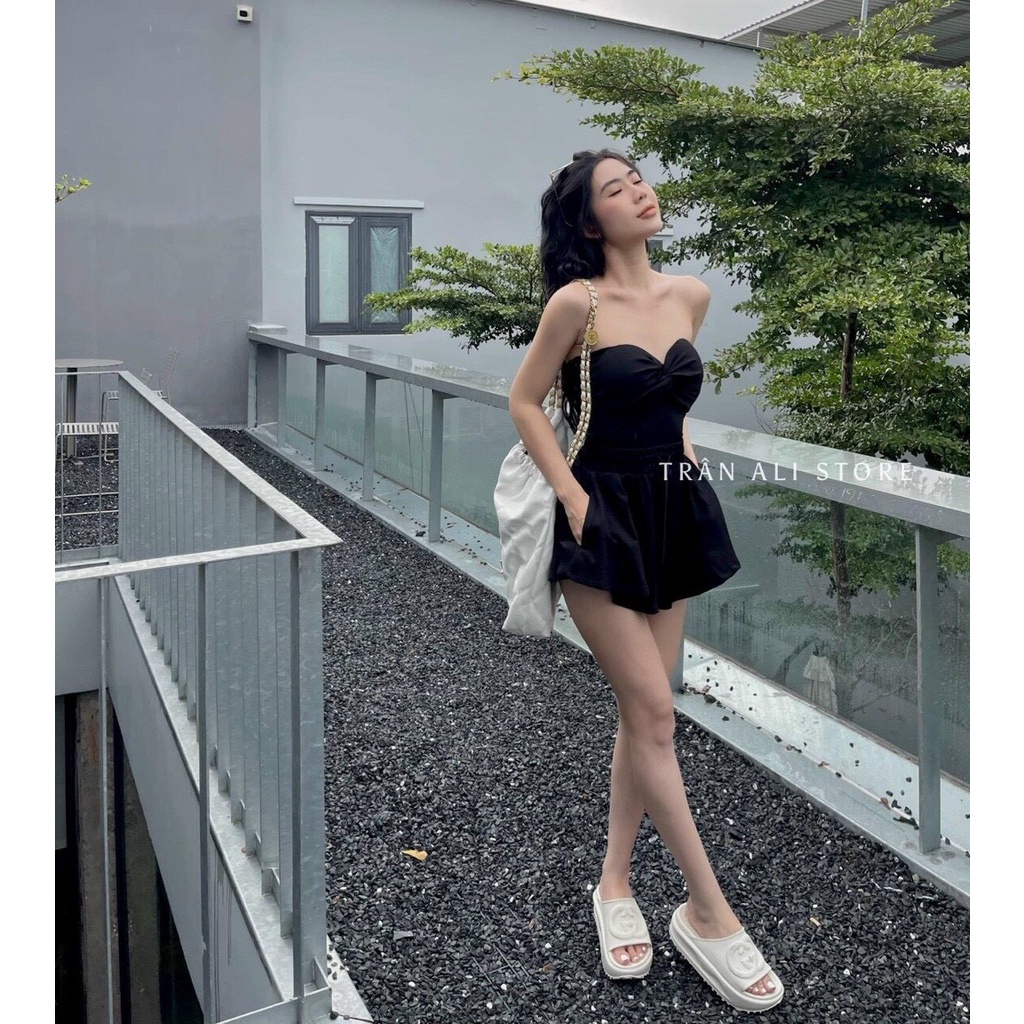 set áo ống xoắn ngực quần đùi xòe xinh xắn