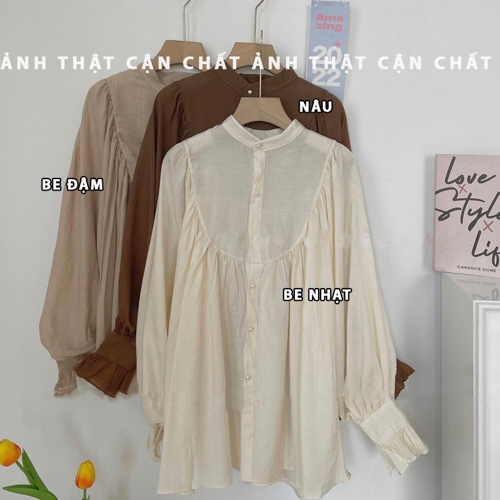 Áo sơ mi kiểu nữ Ulzzang, Áo sơ mi tay bèo phối khuy dáng rộng tiểu thư xinh xắn