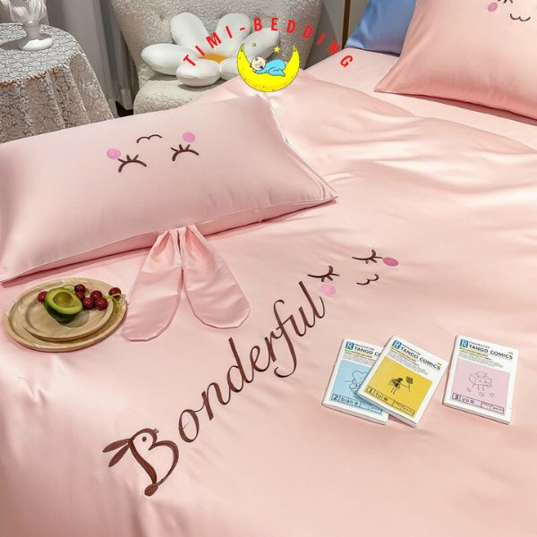 Bộ chăn ga gối lụa tai thỏ mát mẻ, cao cấp chất liệu phi lụa thoáng mát– Timibedding