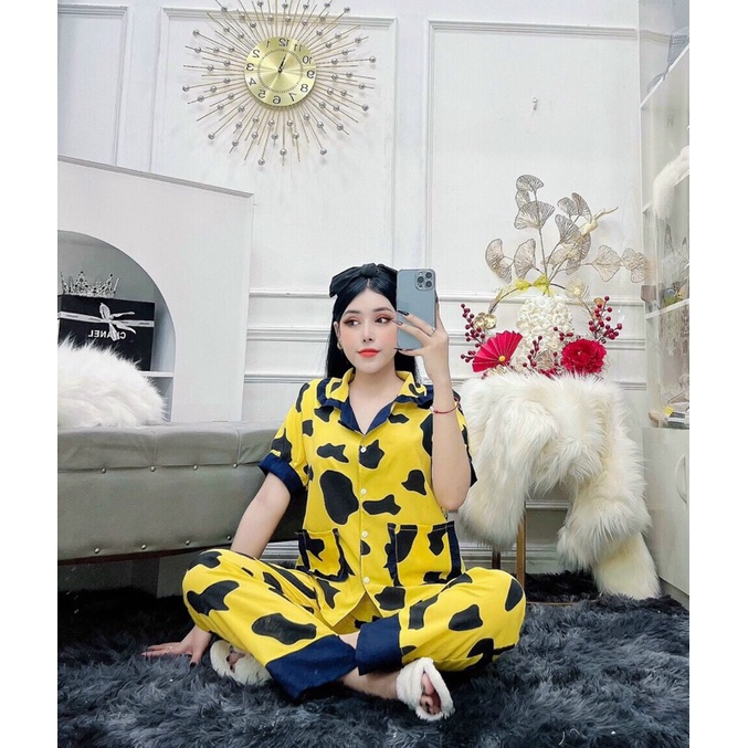 ĐỒ BỘ LỤA TAY BO NGẮN QUẦN DÀI HOẠ TIẾT BÒ SỮA XINH