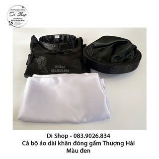Cả bộ áo dài khăn đóng vải gấm thượng hải gồm - màu đen