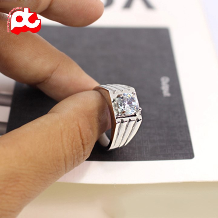 Nhẫn nam inox kiểu 3 sọc đính xoàn màu trắng thép không gỉ HSNNA229