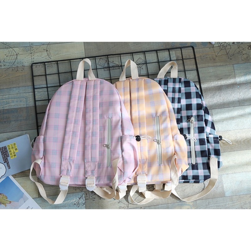 Balo kẻ caro gam màu ulzzang xinh xắn ba lô học cặp sách nữ hàn quốc túi đeo khoá kéo đựng vừa laptop cỡ to