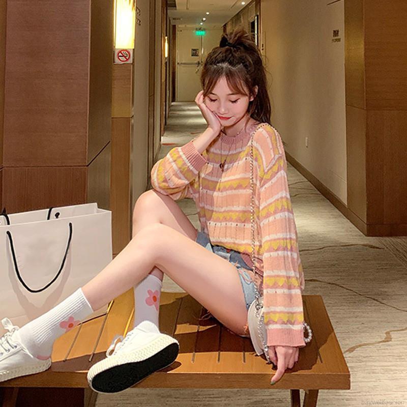 [Baywellfashion]Áo thun sweater cổ tròn dài tay phối màu tương phản | BigBuy360 - bigbuy360.vn