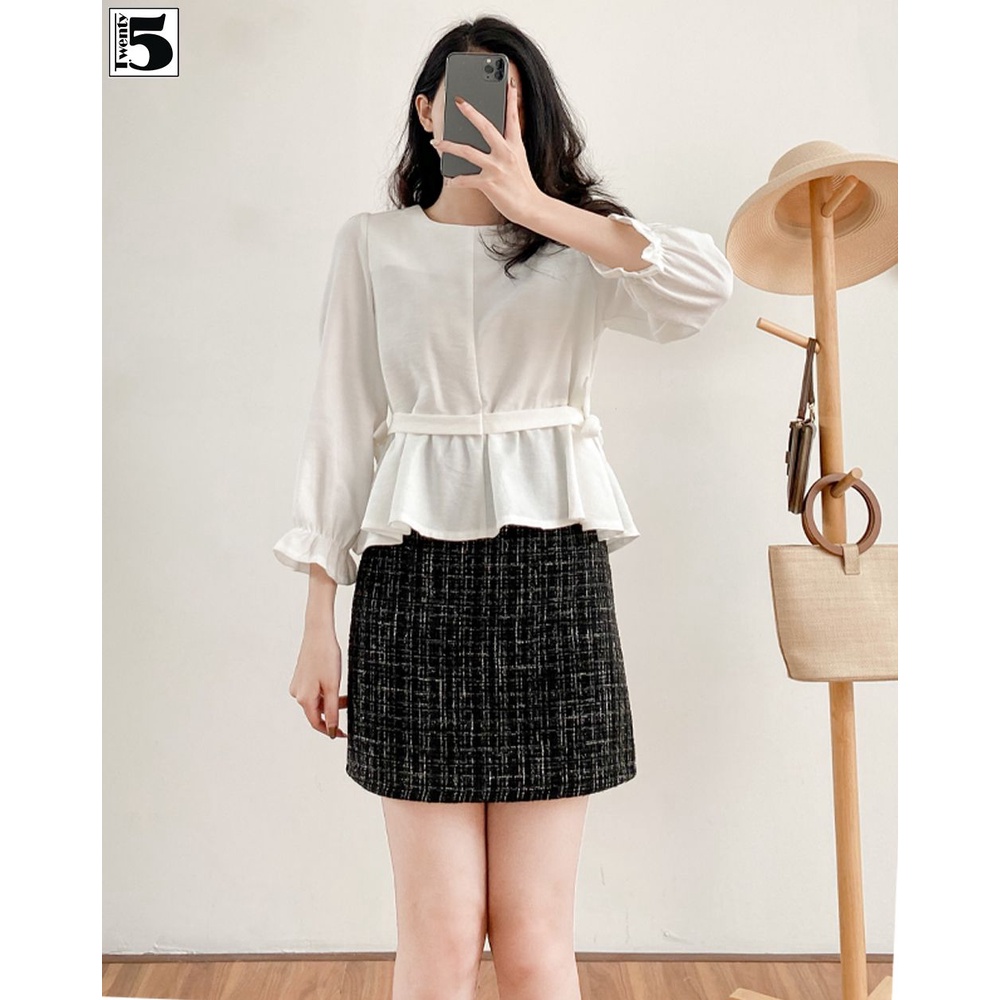 Áo sơ mi nữ tay bồng thắt dây eo hai bên chất nhung mịn Twentyfive N196
