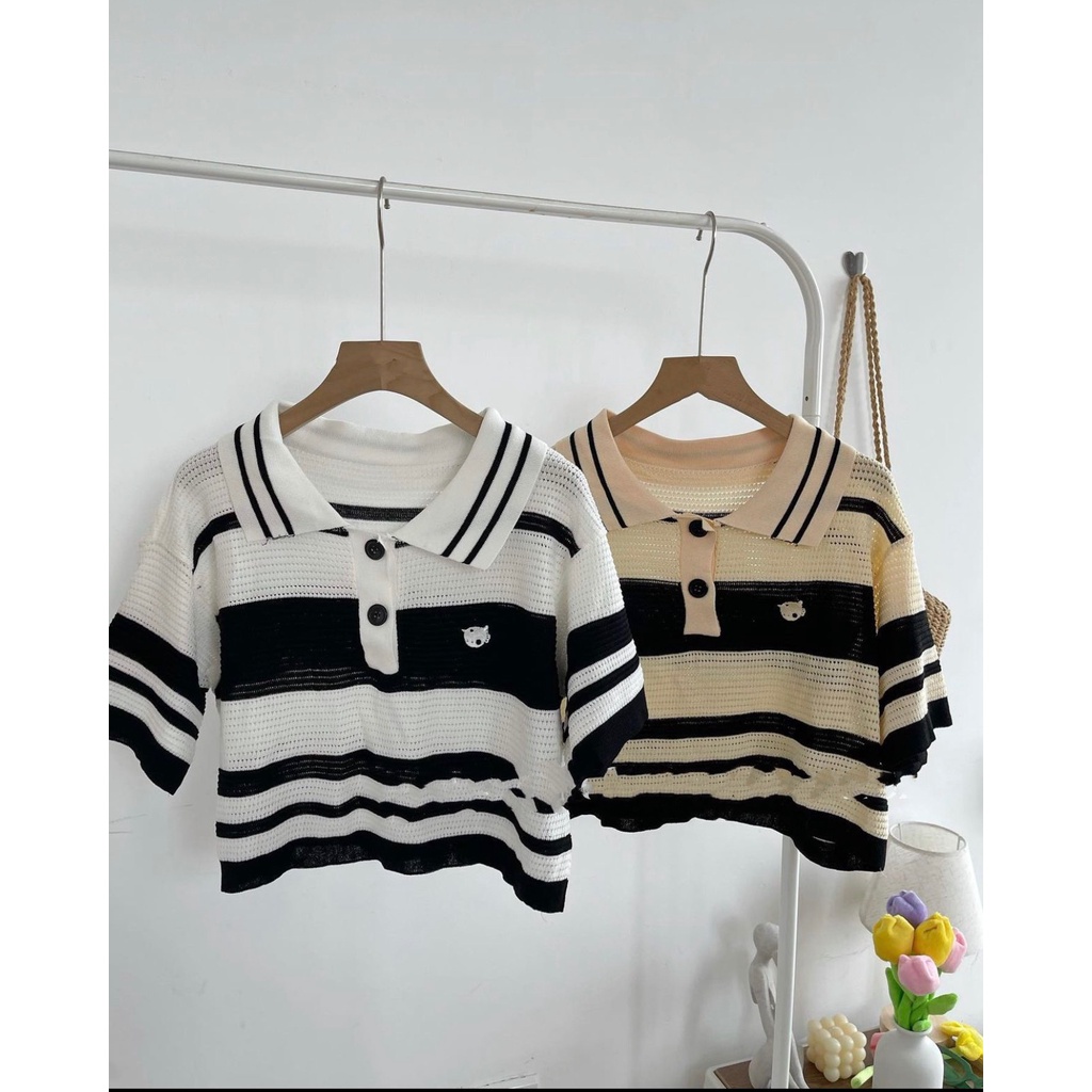 Áo len ngắn tay mongtoghi kẻ ngang cổ polo