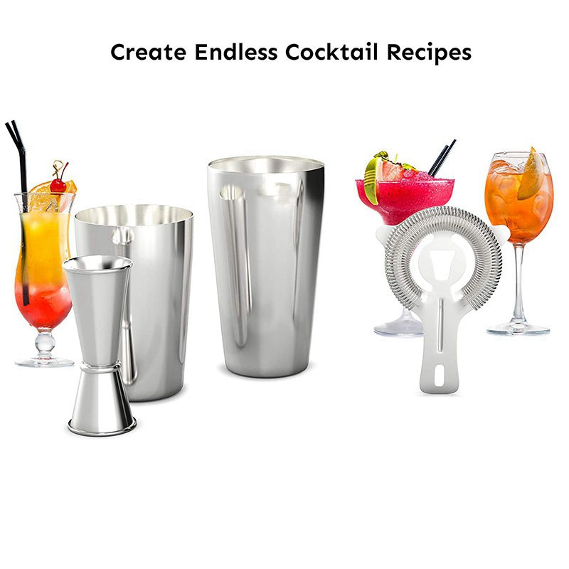 Cocktail Shaker Set: Professional Boston Shaker, Cocktail Strainer and Jigger Set. 4 Piece Premium Stainless Steel Bar Supplies for Awesome Cocktail Mixing Experience