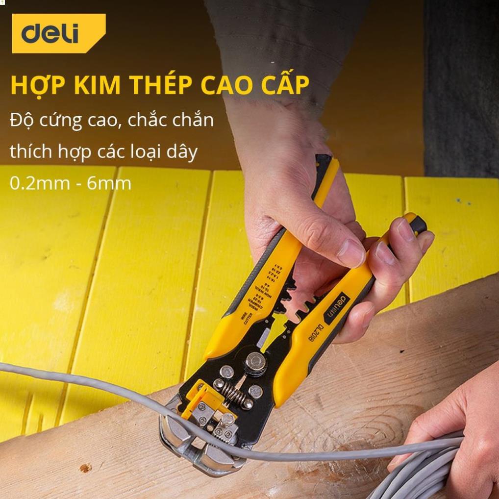 [LIFEDL157] Kìm Tuốt Dây Điện Bấm Cos Đa Năng Deli - Chất Liệu Thép Cao Cấp, Điều Chỉnh Lực Tuốt Dây