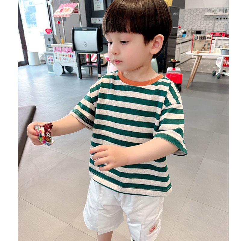 Áo Thun Cotton Ngắn Tay Họa Tiết Kẻ Sọc Màu Sắc Tương Phản Phong Cách Nhật Bản Hàn Quốc Dành Cho Bé Trai