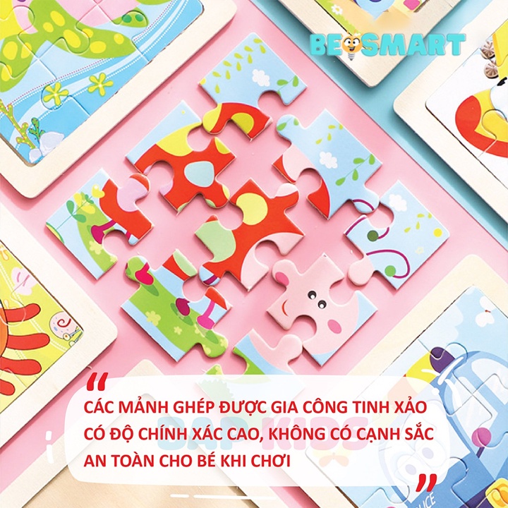 Đồ chơi xếp hình lắp ráp tranh ghép gỗ 9 mảnh hơn 20 mẫu ngộ nghĩnh size 14x14cm Beosmart