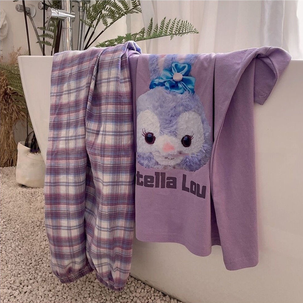 Bộ đồ ngủ tay ngắn cổ tròn kẻ caro phong cách Hàn Quốc thoải mái cho nữ