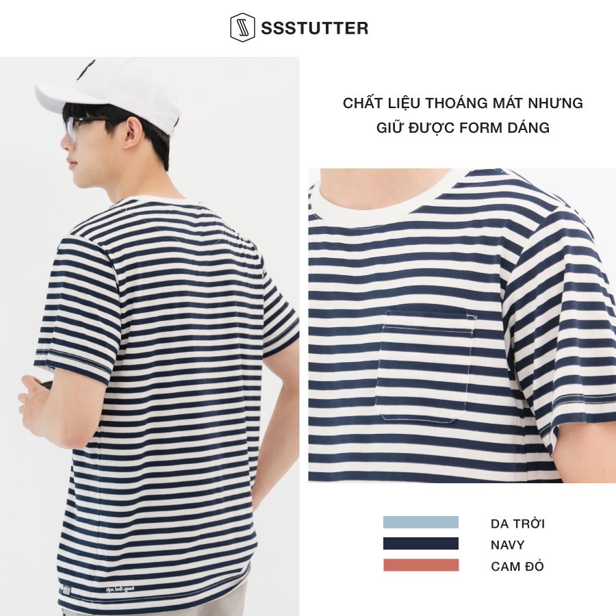 Áo phông Unisex có túi ngực họa tiết kẻ sọc ngang SSStutter vải Cotton thấm hút mồ hôi 3 màu Moment Tee | BigBuy360 - bigbuy360.vn