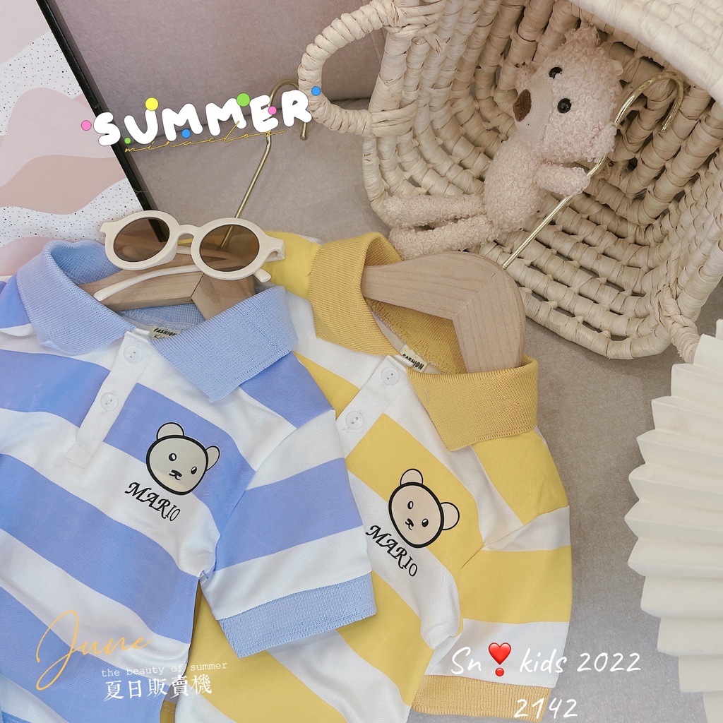Bộ quần áo cộc tay bé trai, Sét áo polo kẻ to họa tiết gấu MARIO kèm quần bò ngố cho bé size 10-32kg
