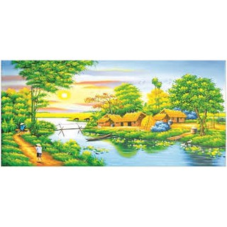 Tranh đính đá phong cảnh quê, df468, 100x55cm chưa đính