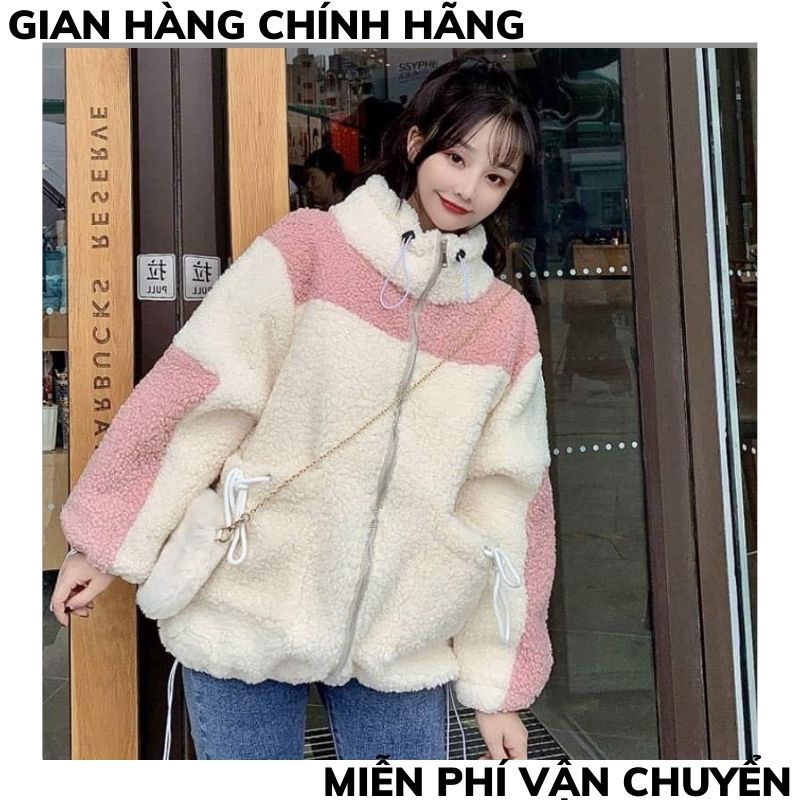 Áo khoác lông cừu phối mầu trắng hồng ,mượt mà, áo khoác lông nữ, siêu ấm, XƯỞNG MAYTC2