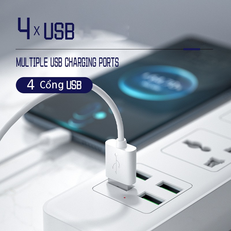 ổ điện đa năng Vinisen 4 cộng USB 4 rắc cắm dây dài 2m