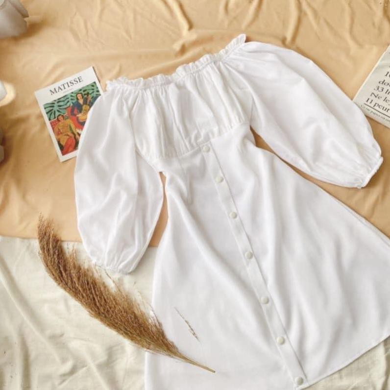 Váy trắng trễ vai thiết kế cúc bọc siêu xinh - Đầm trắng tiểu thư Hàn quốc (sẵn hàng)  ྇
