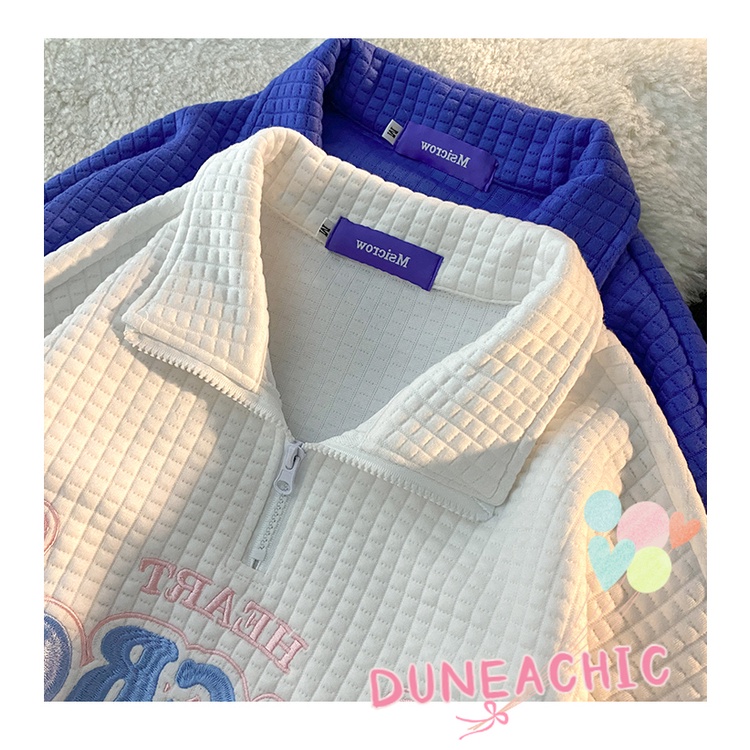 DUNEA Áo Sweater Cổ POLO Màu Xanh Dương Thêu Chữ Waffle Klein Cổ Điển Cho Nữ DUNEA