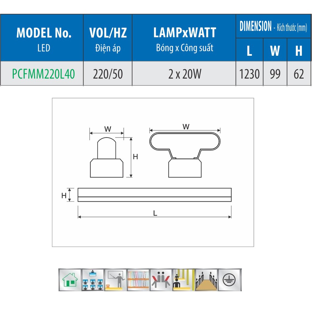 Máng Đèn Led Kiểu Batten PARAGON (PCFMM Series) – 20W/ 40W – Máng Đơn/ Đôi – 1.2M – Ánh Sáng Vàng/ Trung Tính/ Trắng