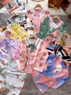Bộ pijama dài tay cổ nơ lụa satin