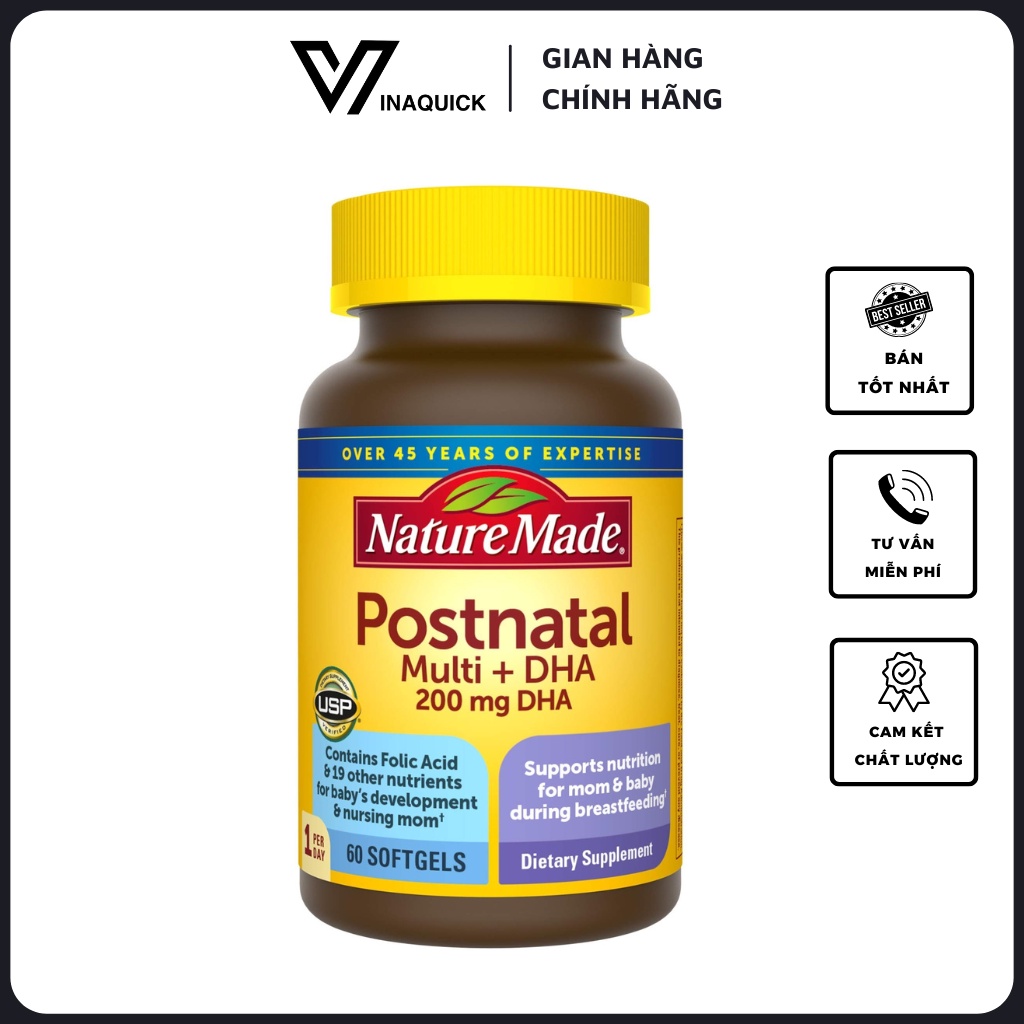 Vitamin Tổng Hợp Cho Mẹ Sau Sinh Nature Made Postnatal Vitamin + DHA 200 MG Lọ 60 Viên - VINAQUICK
