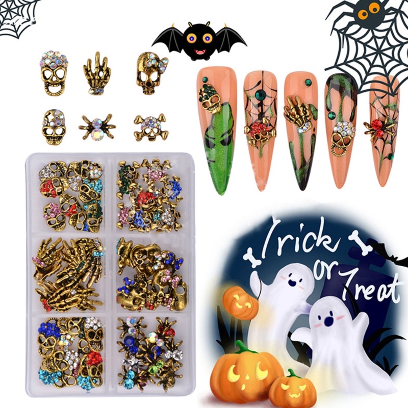 Phụ Kiện Trang Trí Móng Tay Hình Bộ Xương 3D Bằng Hợp Kim Phong Cách Halloween