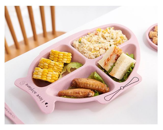 Khay ăn dặm kiểu Nhật hình máy bay kèm thìa và nĩa bằng nhựa lúa mạch an toàn cho bé