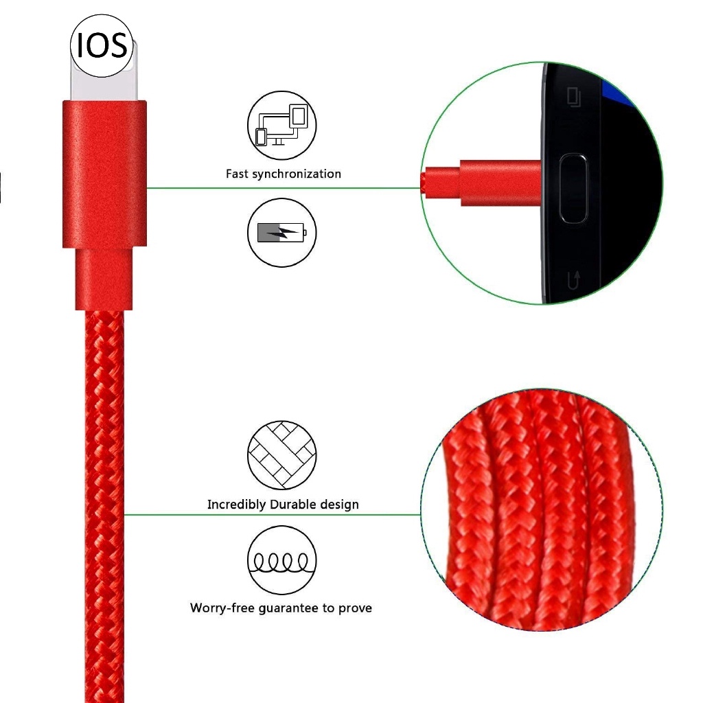 Dây Cáp Sạc USB Bện Nylon 1M 2M 3M Tương Thích Với iphone XS X 5 6 6S 7 7Plus 8 Plus