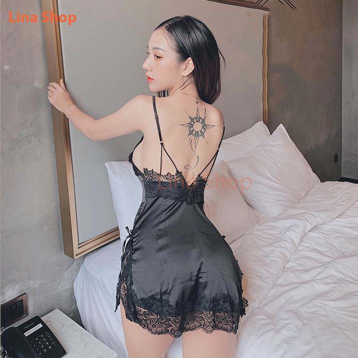 Váy Ngủ Đầm Ngủ Sexy Quyến rũ Lụa Satin phối Ren kèm quần Chip Màu đen AN436 hàng Quảng Châu cao cấp | BigBuy360 - bigbuy360.vn