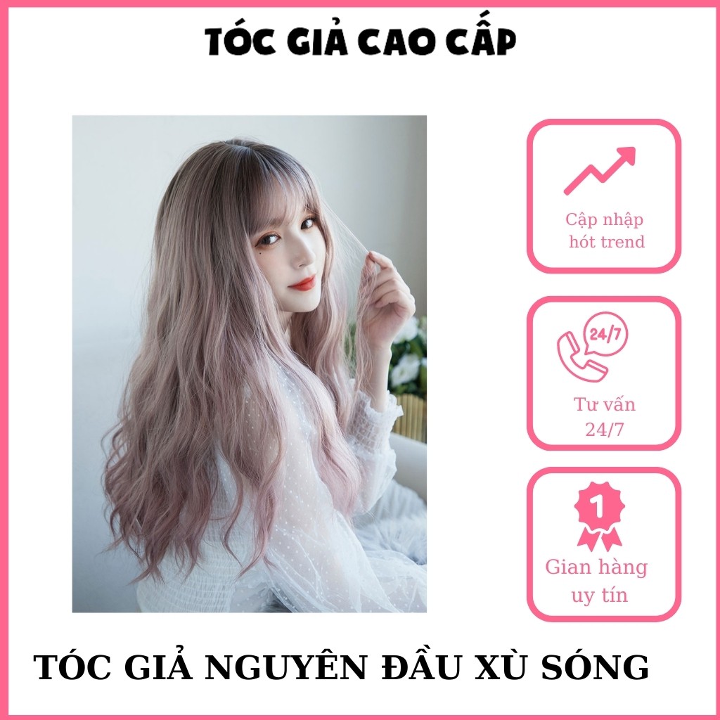 Tóc giả nguyên đầu xù dợn sóng màu hồng khói, c8184, tặng kèm lưới trùm tóc