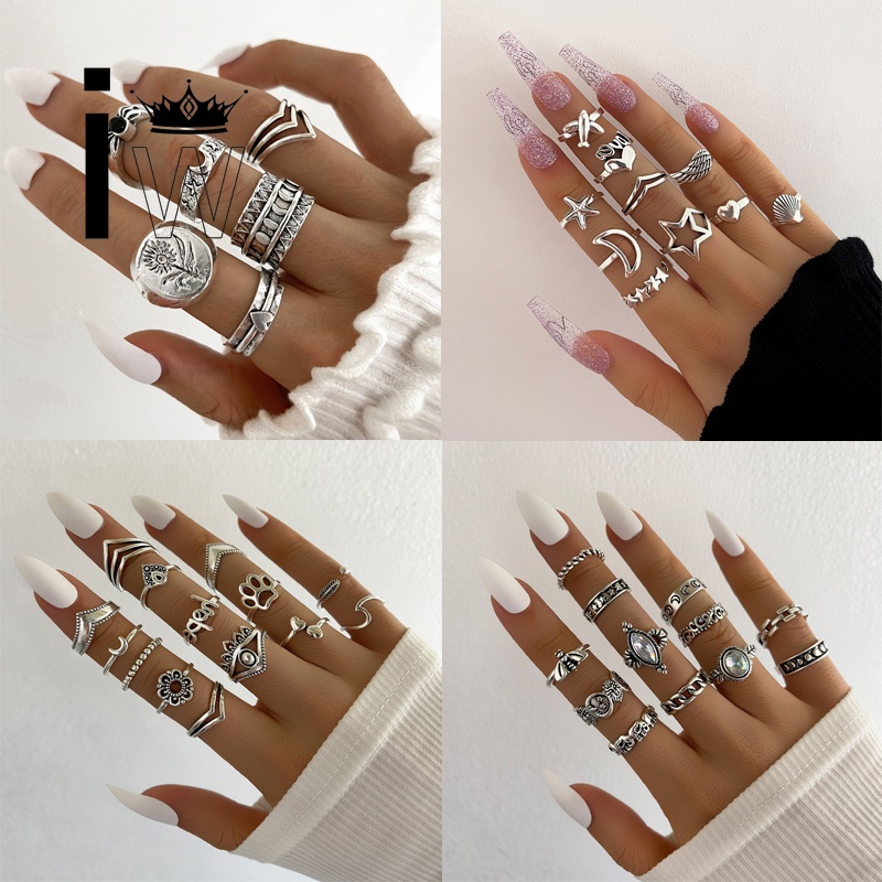 Set 14 nhẫn đeo tay bằng kim loại nhiều kiểu cá tính sành điệu cho nữ