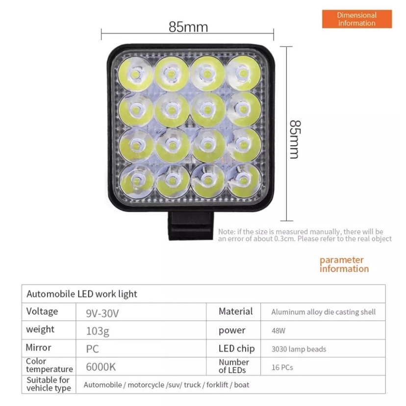Đèn pha LED Cho Xe Hơi xe máy Đèn Mini Vuông 16 Đèn Phụ 48W 12v - 24V