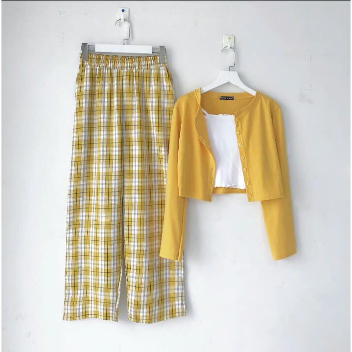 Set như hình áo croptop tay dài + áo 2 dây bên trong + quần dài caro hot hit ulzzang