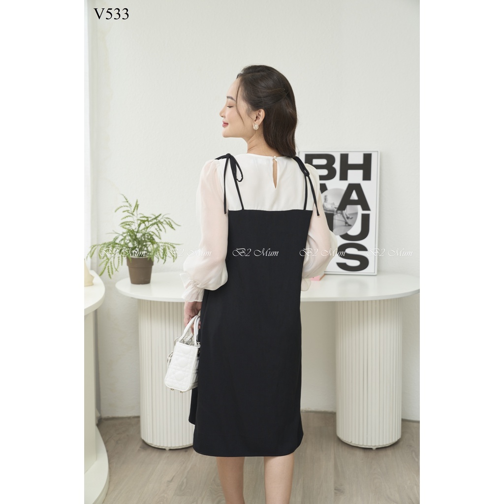Váy bầu thiết kế công sở dài tay nơ vai dáng dài xuông V533 B2 MUM