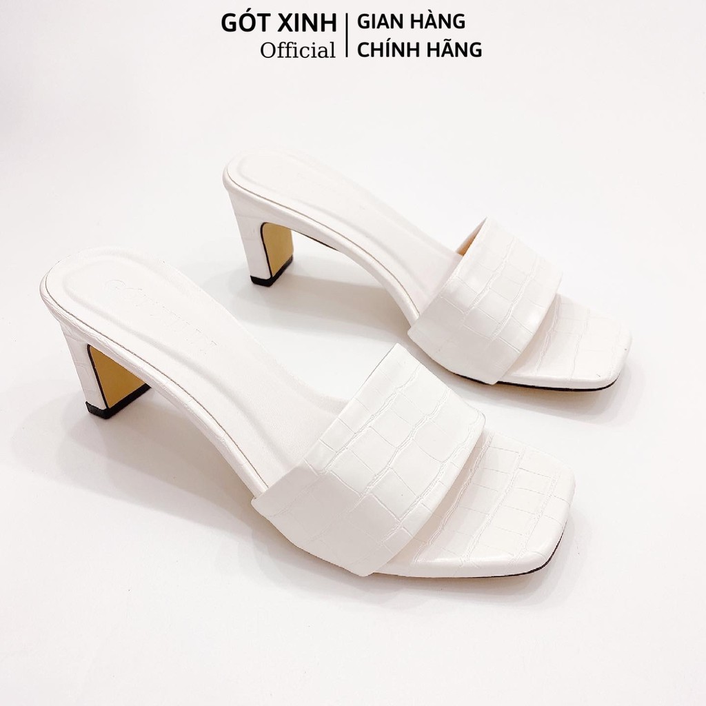 Dép cao gót nữ GÓT XINH D21 màu kem quai ngang dập vân da rắn đế cao 4cm