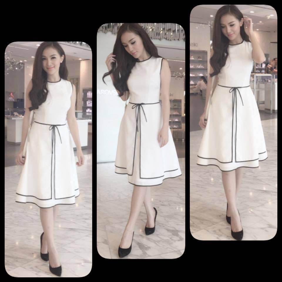Đầm voan xòe phối nơ eo màu trắng