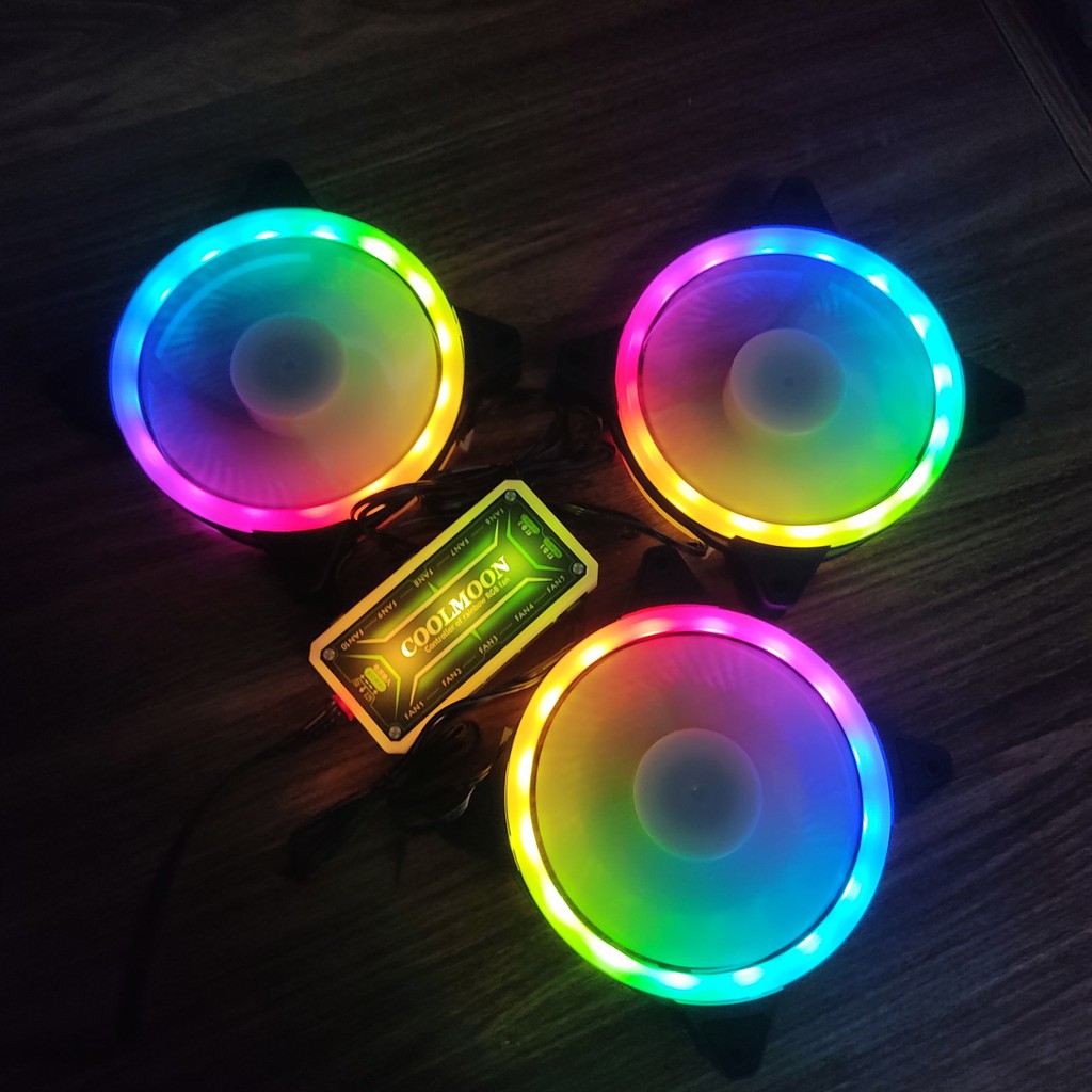 Bộ 6 Quạt Tản Nhiệt, làm mát máy tính, Fan Led, Fan Case KNC V2 Led RGB Dual Ring Led đồng bộ Hub Quạt Coolmoon