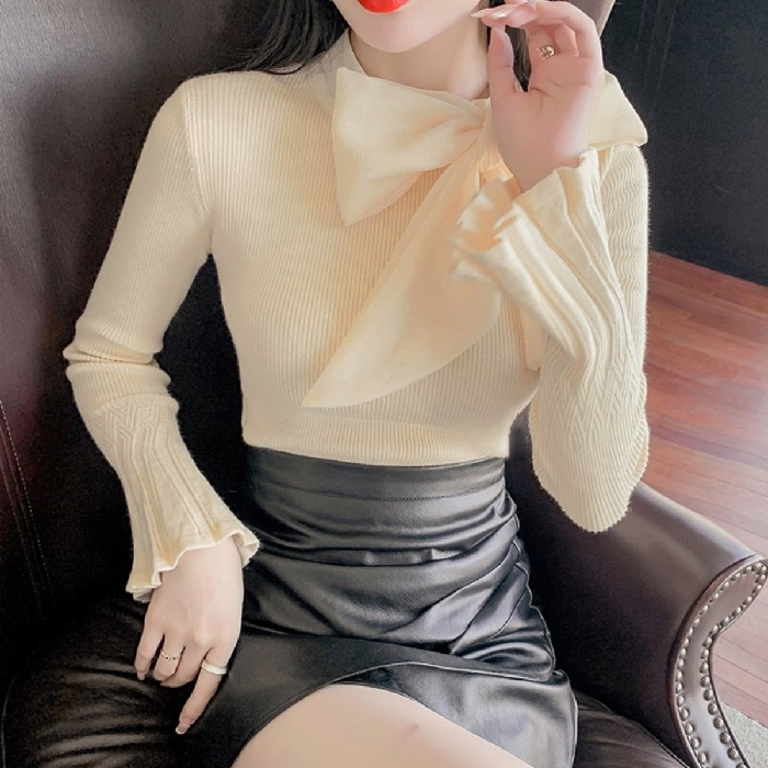 Áo dệt kim ZHELIHANGFEI tay dài thắt nơ dễ phối đồ thời trang xinh xắn cho nữ