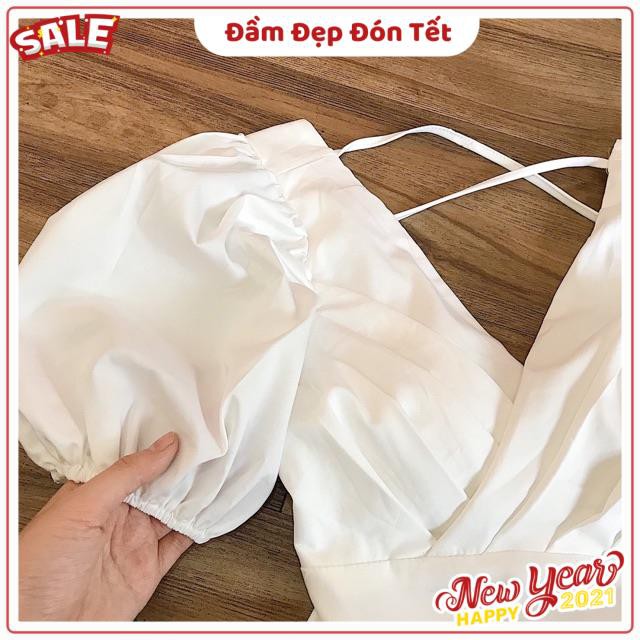 Đầm Trắng Ruen Dress váy xinh dự tiệc from chuẩn xếp li chéo trước ngực cổ V hở lưng đan dây chéo có mút ngực