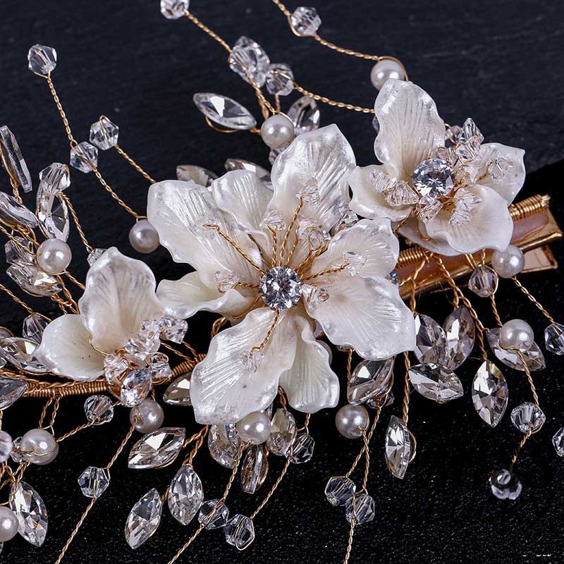 Kẹp tóc đính hoa phối đá và ngọc trai thanh lịch phong cách cổ điển thời trang cho nữ