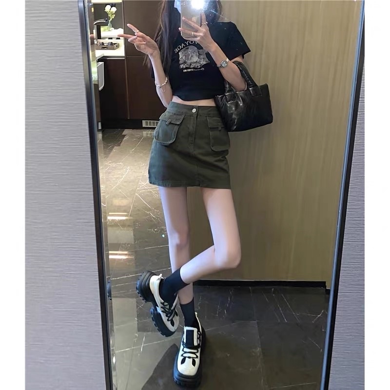 Chân Váy Denim Phối Túi Hộp Dáng Ôm Phong Cách Ullzang