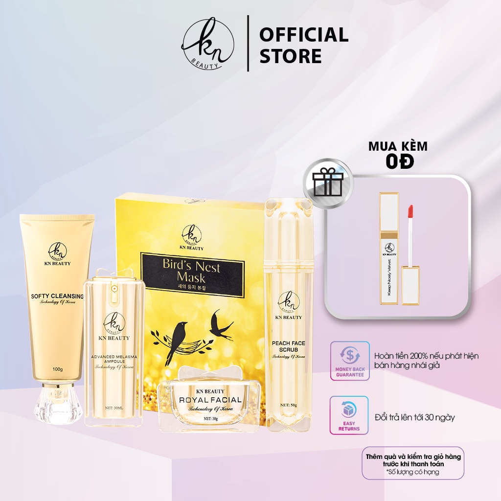 Bộ 5 sản Royal KN Beauty: Gel tẩy tế bào chết +sữa rửa mặt +tinh chất dưỡng + kem dưỡng + mặt nạ tặng son kem KN Beauty