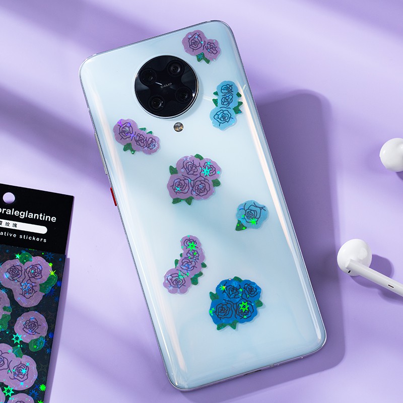 Set 2 tấm hình dán hoa hồng lấp lánh trang trí sổ lưu niệm