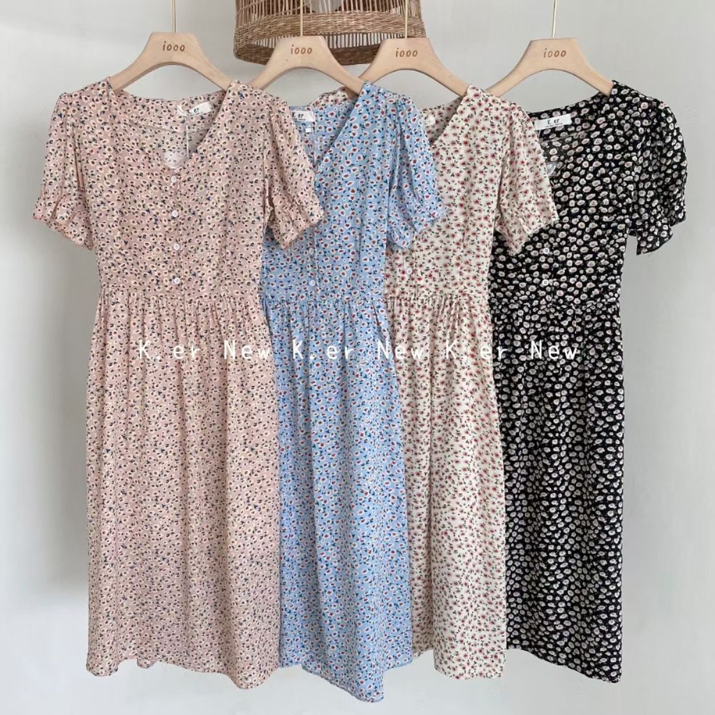 Váy hoa nhí cổ V tay chun dáng dài qua gối VKE1017 Ulzzang style🌻 Hàng Quảng Châu!!!
