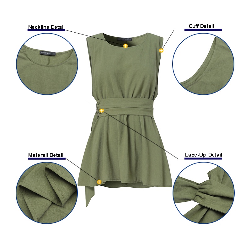 Áo Kiểu ZANZEA Cổ Tròn Màu Trơn Không Tay Có Thắt Lưng Cho Nữ Mặc Thường Ngày