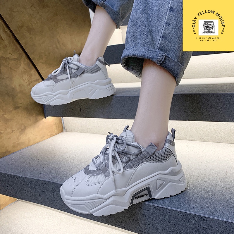 Giày thể thao nữ sneaker YC vải thoáng khí phối da viền phản quang dây kép màu trắng xám/đen