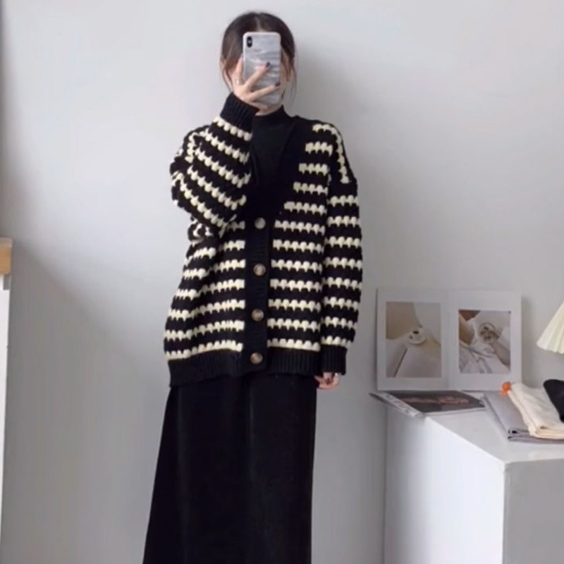 Áo Sweater Tay Dài Màu Sắc Tương Phản Thời Trang 208246 Áo Khoác Dệt Kim Dáng Rộng Kẻ Sọc Kiểu Retro Hàn Quốc