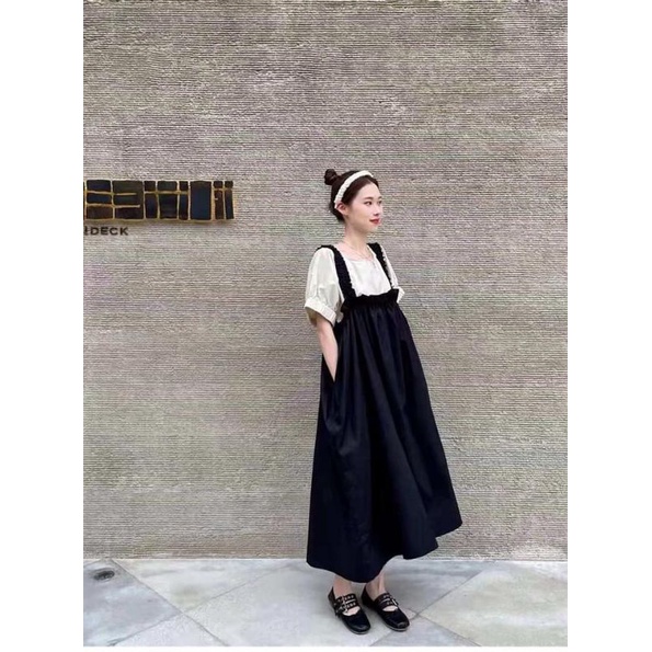 Set Nữ Set Yếm Chun Vai Kèm Áo Sơ Mi Ngắn Tay Tạo Kiểu Xinh Xắn